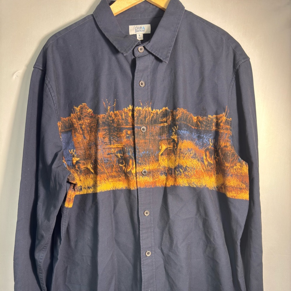 Men’s Rustic‎ Fall Deep Blue Collared Shirt Outdoorsman Print XL